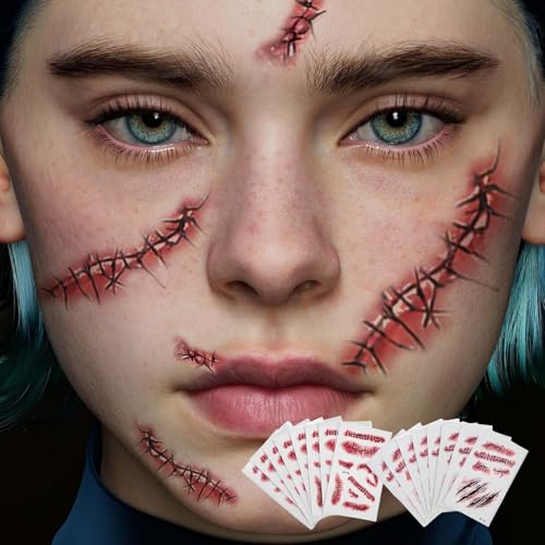 Lot de 20 feuilles de tatouages zombie d'Halloween - Plaies réalistes 3D avec sang artificiel - Imperméables - Pour fêtes effrayantes et cosplay
