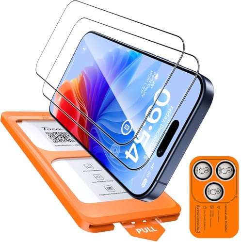 TOCOL Pellicola Vetro Temperato per iPhone 15 Pro Max con Pellicola Fotocamera, Rimozione Automatica Della Polvere, Senza Bolle, Anti-Impronte, Durezza 9H, Copertura Completa, Trasparente