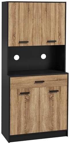 HOMCOM Credenza Cucina, 180 cm Mobile Dispensa con Foro Passacavi e Piano Portamicroonde, Mobile Cucina con Ante Soft Close, Cassetto, Ripiani Regolabili, per Soggiorno, Nero e Color Legno
