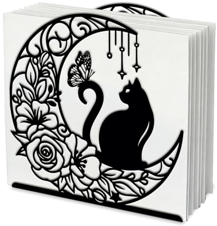 SUPERDANT Servilletero de gato y luna para mesa de flores y mariposas, dispensador de servilletas de cóctel, organizador de servilletas de metal, soporte de toallas de papel de seda para comedor