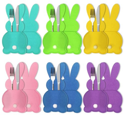CUBarty 12 Stück Tischdeko Ostern Bestecktasche Filz, Osterhasen Besteckhalter, Wiederverwendbar Besteckbeutel für Oster Tischdeko (A)