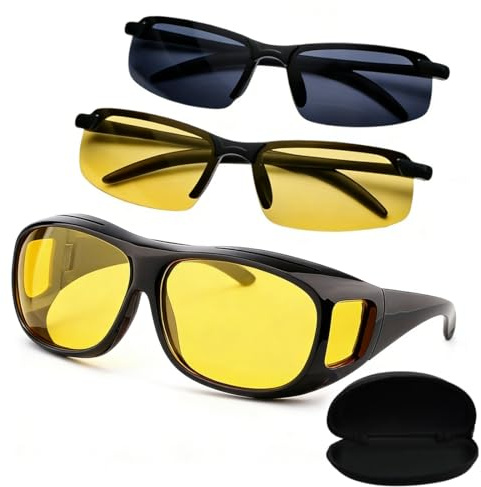 OPVYAEU Set 3 pezzi 1 Occhiali da Sole + 2 Occhiali Visione Notturna + Custodia con Cerniera, regolabile per guida notturna protezione occhi uomini donne