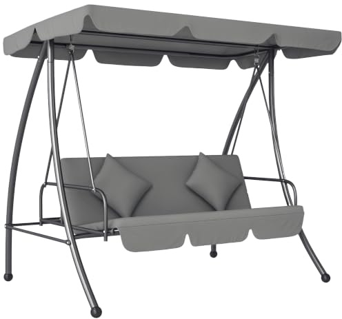 Outsunny Garten-Schaukelbank, umwandelbar, 3-Sitzer, hoher Komfort, verstellbares Dach, Matratze im Lieferumfang enthalten, 2 L x 1,25 B x 1,7 H m, Metall, Polyester, Schwarz, Hellgrau