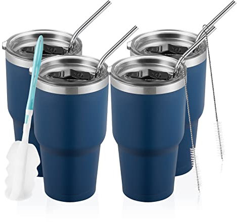 COMOOO 3,5 dl tumlare rostfritt stål isolerad glas med lock dubbelvägg vakuum kaffekopp stor resemugg för hem, kontor, skola, fest (marinblå, 4-pack)