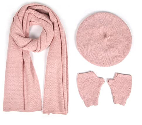 Ommda Mütze Schal Handschuhe Set Damen Weiche Warme Gestrickt Langer Schal Baskenmütze und Fingerlose Handschuhe 3-teilig Winterset Rosa