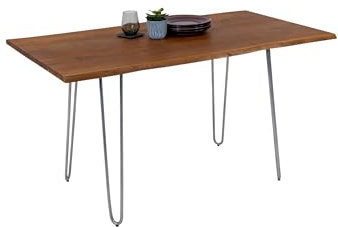 SAM Esszimmertisch 120x80cm Hannah, echte Baumkante, Akazienholz nussbaumfarben, massiver Baumkantentisch mit Hairpin-Gestell Silber