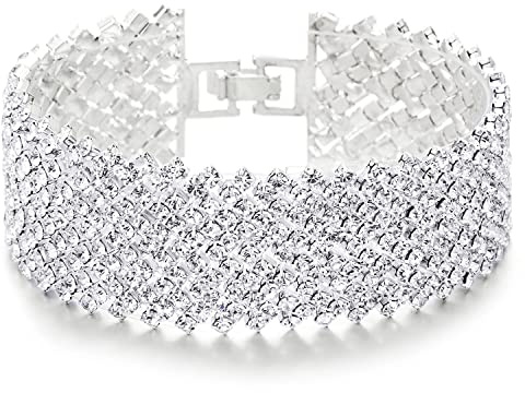 COOLSTEELANDBEYOND Funkelnd Damen Strass Pflastern Pave Cluster Breiten Armband Bettelarmband, Bling Bling