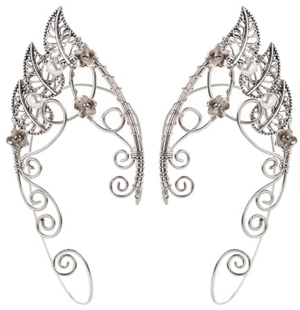 USHOBE 1 Paar Elf Ohrmanschetten für Frauen Handgefertigtes Clip- auf Elfenmanschette Wrap Ohrringe Perlenperlen Flügel Ohrring Non Piercing Ohrclip für Fairy Halloween Kostüm Cosplay