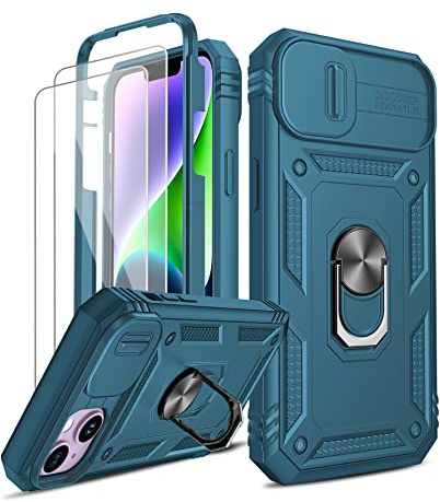 LeYi for iPhone 14 6.1'' Phone Case with Camera Cover Slider, Blue | 2 Tempered Glass Screen Protector, Ring StHolder, 360 Full Body Tough Armour Cover Hard Heavy Duty Case for i Phone 14