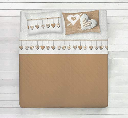 Homelife Parure de Lit 180x200 Flanelle de Coton - Parrure avec Drap Housse 180x200 Coton avec Coins, 100% Coton Chaud pour l'hiver + Drap Plat 2 Personnes + 2 Taies Oreiller, Fantaisie Coeurs, Beige