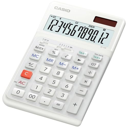 CASIO JE-12E-WE Ergonomischer Tischrechner, Weiß, 12-stelliges Display | 12-stelliges Display, Stufentastatur, senkrechter Tastenhub, Steuerberechnung, Währungsumrechnung, Solar-/Batteriebetrieb.