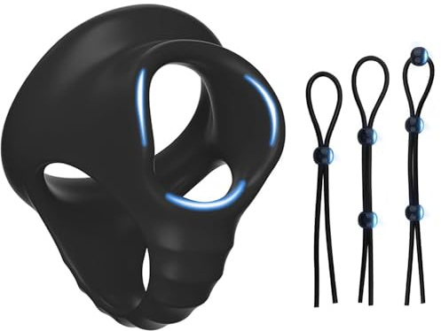 BDSMYEE Anneau Pénien en Silicone 4 Pièces, Anneau Testiculaire Éjaculation Retardée Cordon Pénien Réglable Ensembles de Jouets Sexuels pour Hommes (Noir)