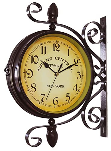 JAWSEU Vintage Doppelseitige Wanduhr, Bahnhofsuhr Doppelseitige Hängenduhr Wanduhr Retro Clock, Batteriebetrieben, Beidseitige Wanduhr für Drinnen und Draußen