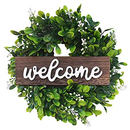 Grüner Eukalyptus Kranz mit Willkommensschild Künstlicher Eukalyptus Kranz Frühling Sommer Kranz mit weißen Beeren für Haustür Wand Fenster Festival Veranda Bauernhaus Terrasse Garten Dekor