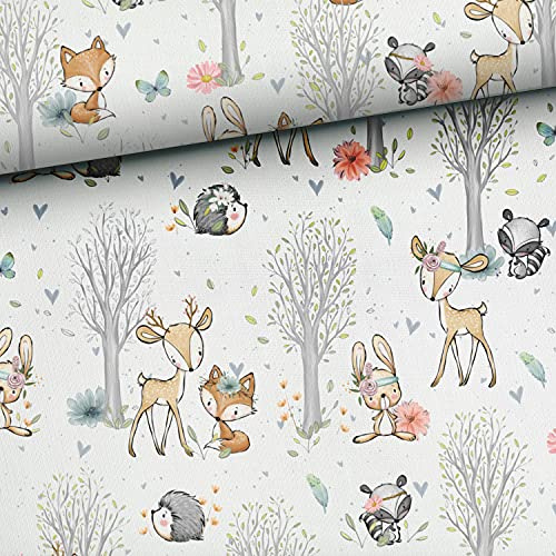 50x150cm Tiere im Wald Baumwollstoff für Kinder - Kinderstoffe & Babystoffe aus 100% Baumwolle - Waldtiere Stoffe für Kinder & Baby zum Nähen - keine Meterware Reh Fuchs Igel Hase Schmetterling Girls