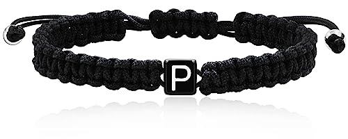 Uloveido Bracelets tressés noirs avec lettre de A à Z pour surfeur, plage d'été, bracelets réglables, adjustable, Polyester, Pas de gemme