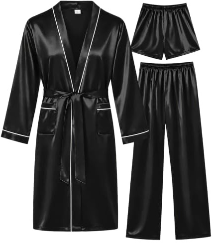 SWOMOG Mens 3 PCS Satin Robe with Pants & Shorts Set Kimono Bathrobe Long Sleeve Sleepwear Pjs Sets with Pockets
