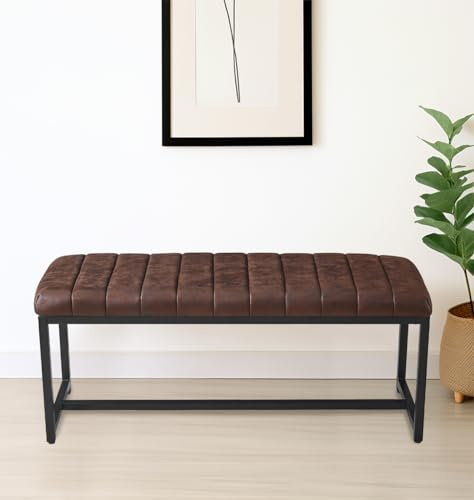 Hallowood Furniture Cullompton 110cm Dining Bench, Brown Leather Effect Top