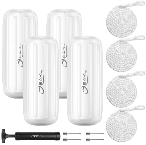 OBAKL Boat Fenders 4 Pack 8 x 20 Inches Ribbed Center Hole Boat Fenders Bumpers for Docking, Comes with Ropes and Pump to inflate(White)