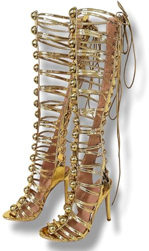 Frankie Hsu Stivali estivi da donna sexy con tacco alto a stiletto, color oro, a cupola, di grandi dimensioni, taglie dalla 5 alla 19, per donne e uomini, Oro, 44 EU