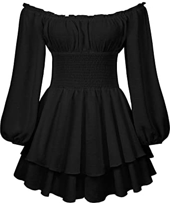 Vestido de Volantes para Mujer Mini Vestido con Hombros Descubiertos y pantalón Corto Integrado Vestido corsé Manga Larga/Corta sin Hombros Vestido de Plisada con Volantes Vestido Pirata en línea A