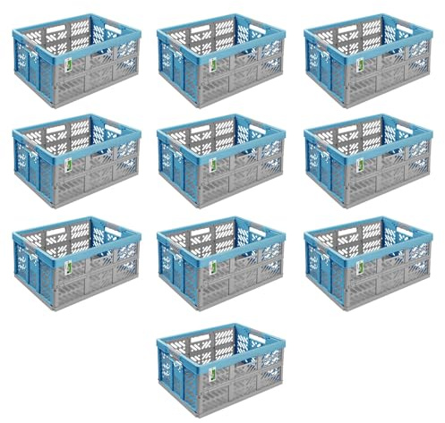 10X Stabile Profi Klappbox 45L - 54 x 37 x 28 cm - Einkaufskiste klappbar mit Soft-Griffe - Transportkiste stapelbar, Sky Blue