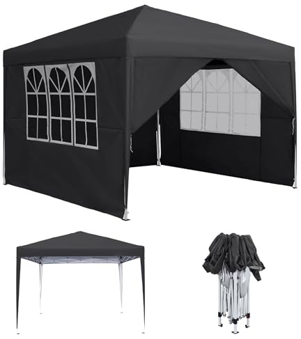MAYTIIMO Pavilion 3 x 3 m vattentät stabil vintersäker popup-paviljong med 4 sidodelar och fönster, vikbar trädgårdspaviljong, UV-skydd för trädgård, fest