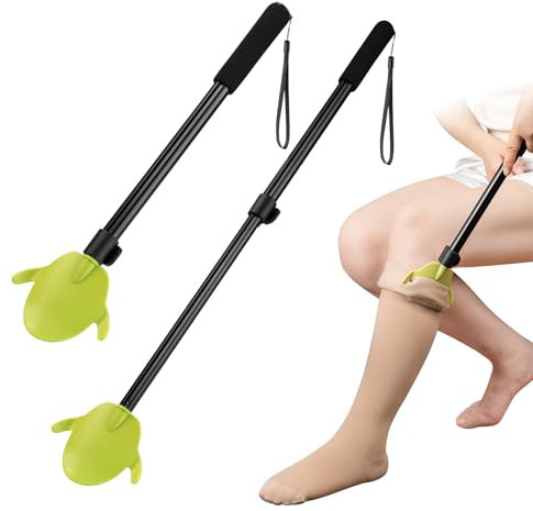 LYIGEOL Kompressionssocken-Hilfsmittel zum Entfernen von Socken, Sockenassistent, Schuhlöffel, langer Griff, 2-in-1 verstellbares Aluminiumrohr, 40,6 - 68,6 cm, unabhängige Lebenshilfen für Senioren,
