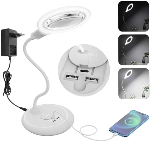 Raweao 5X Lampe Loupe de Bureau, Grande Loupe de Lecture LED avec Support, Dimmable LED Loup Eclairante avec 2 Ports USB et Prise Type-C pour Charge Rapide - Blanc