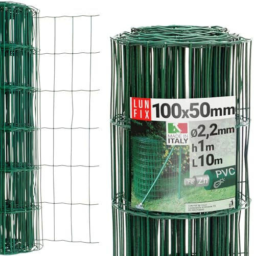 Maschendrahtzaun - verzinkter Stahl Grün PVC-beschichtet, 100 x 50 mm, Ø 2.2 mm, 100 cm x 10 m, Gartenzaun Hundezaun Wildzaun Hühnerzaun Drahtgitter Zaun Schweißgitter, Lun Fix