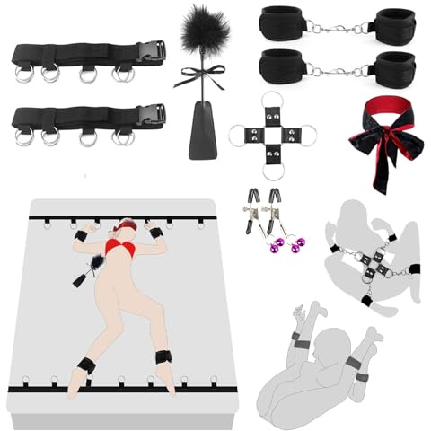 Sex Bondage Restraints BDSM Toys Kit, Couple Sex Toys Bed Restraints with Sex Straps Cuffs Blindfold Nipple Clamp Tickler, Under King/Queen Bed Romance Straps Bondage Gear&Accessories for Couples Game