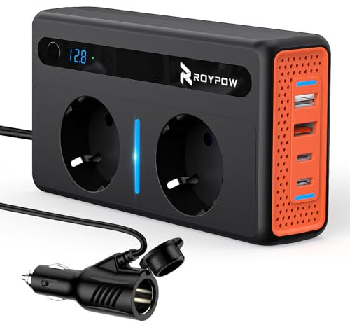 RoyPow Convertisseur 12V 220V Voiture – Transformateur 300 W Onduleur 2 Prises et 4 Ports USB Convertisseur de Tension, Chargeur de Voiture à Charge Rapide avec Prise Allume-Cigare