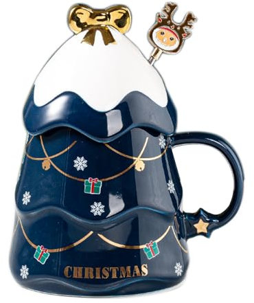 Liemuao Tannenbaum-Tasse, 550 ml, niedliche Keramiktasse mit Deckel und Löffel, Kaffeetasse, Kawaii-Tasse, heiße Schokolade, Weihnachten, Weihnachtsbecher-Set für Familie, Freund, Kollege (blau)