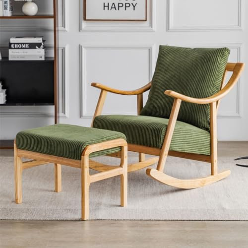 VNNHGB Freizeitsofa, Schaukelstuhl, Sessel mit Ottomane für Wohnzimmer, Schaumstoffpolsterung, Retro-Sessel, Liegestühle mit Beinen aus Massivholz, Abnehmbarer Stuhlbezug/Grün mit Fußhocker/Größe