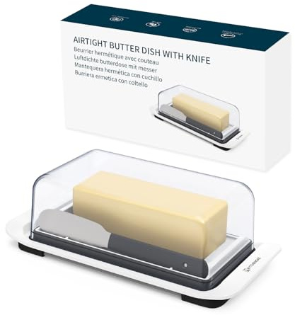 KITCHENDAO Airtight Butter Dish with Lid and Knife Spreader for Countertop and Refrigerator, Keep Butter Fresh, Easy Scoop, Dishwasher Safe, Plastic Butter Keeper Tray for West/ East Coast Butter
