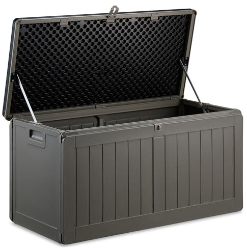 VonHaus Garden Storage Box 190L – Outdoor Utility Chest Organiser – Weatherproof Plastic, Lockable Lid, Sliding Bar Hinge, Carry Handles, Portable – For Garden, Patio, Balcony, Decking – Grey, Black