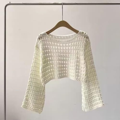 Mujeres Moda Crochet Knit Sweater Top, Verano Playa Bikini Cover Up, Manga Larga (Blanco)