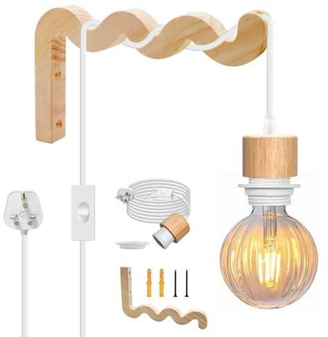 Rustic Plug in Wall Lamp, White Bedroom Wall Lights with 5M Plug in Cord, E27 Pendant Lighting Fixtures with 20x12CM Wooden Wall Brackets,Indoor Wall Lighting Fixtures for Living Room, Kitchen,No Bulb