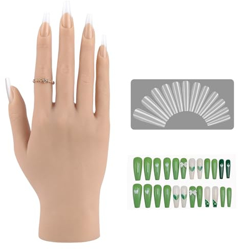 YEEFAIRY Silicone Main D'Entrainement Manucure Kit Mains Artificielles Réalistes de 22 cm et 528 Faux Ongles en Acrylique pour Prothésiste Ongulaire Photographie Présentation (Droite, Peau Beige)