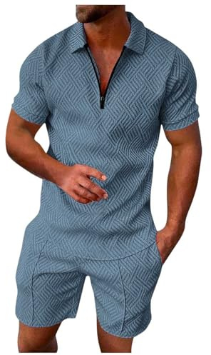 Herren Bekleidung Set, 2 Teiler Herren Sommer Outfit Zweiteiler Trainingsanzug Kurzarm Reißverschluss Poloshirt und Kurze Hose Set Kleidung Sportanzug Casual Jogginganzug Freizeitanzug Sport Anzug