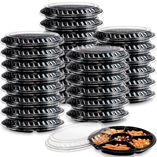 Tczecoo 30 Stück Vorspeisentabletts mit Deckel, Robuste Tabletts, Schwarz | Lebensmittelbehälter mit 6 Unterteilten Fächern für Gemüse Obst Snacks, Rundes Serviertablett für Vorspeisen Partybuffets