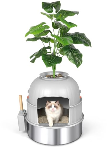 Bartuke Large Cat Plant Litter Box, 2-IN-1 Stainless Steel Cat Litter Tray | Fake Plant Hidden Litter Box XL for Large Cats, Includes Scoop, Pebbles, Anti-sticky, Easy to Clean (Light grey)