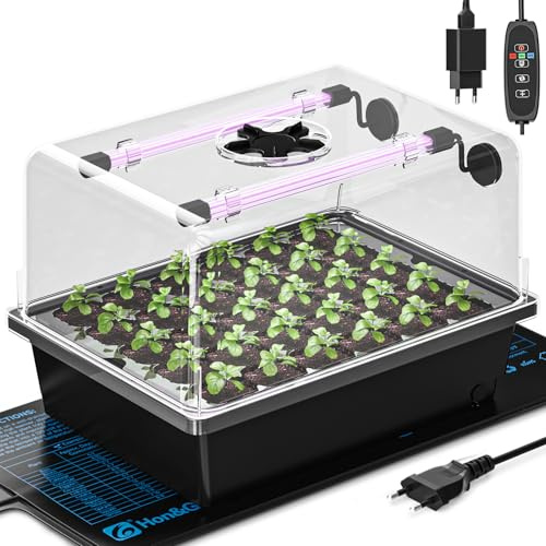 Hon&Guan Serre d'intérieur avec lampe pour plantes, tapis chauffant, mini serre épaisse, kit de culture avec minuterie, luminosité réglable