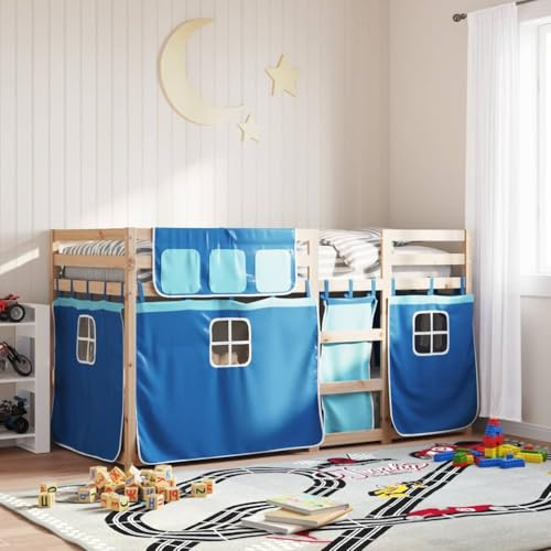 GeenYuu Etagenbett mit Vorhängen Blau 90x200 cm, Massivholz Kiefer, stabiles Kinderbett mit Rausfallschutz, Spielbett für Kinderzimmer, inklusive Vorhang-Set