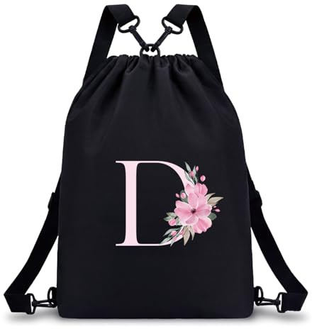 A-Z BAG Personalisierter Turnbeutel mit Buchstabe - Geschenk Mädchen, D | Sportbeutel Damen mit Blumen-Buchstabe, Schwimmbeutel Wasserfest, Stoffrucksack mit Kordelzug für Schule und Schwimmen