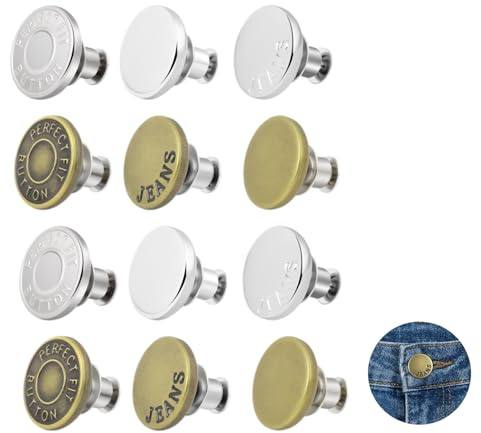 12 Stück Jeans Knöpfe Ohne Nähen 17mm, Verstellbare Hosenknöpfe zum Stecken für Zu Weite Hosen, Abnehmbare Metall Ersatzknöpfe Set, Hosenbund Enger Machen, Sofortige Passform Anpassung, 3 Motive