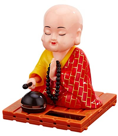 Pugermering Mönchsfigur Als Solarbetriebenes Spielzeugauto, Wackelkopffigur, Auto Armaturenbrett Dekoration, Schreibtischdekoration, Kindergeschenk, Rot, l