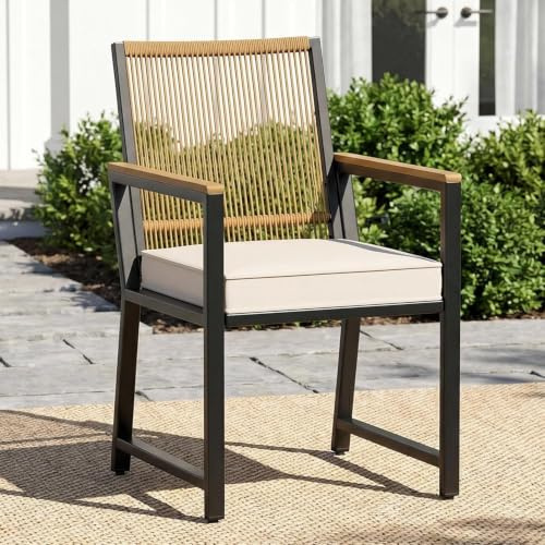 LIFERUN 1er Set Gartenstühle Rattan, Wetterfest, Balkonstuhl aus Metall | Essstühle mit WPC Armlehne, 1pcs Outdoor Stuhl mit abnehmbar Kissen, 160 kg belastbar, für Terrasse Garten Balkon Pool, Beige