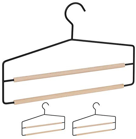 Relaxdays Set da 3 Grucce per Pantaloni, Salvaspazio e Multiple, per Gonne, Antiscivolo, Legno e Metallo, Nero/Naturale