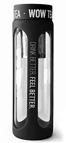 WOW TEA Premium Glas Teeflasche mit Infuser 550ml - Doppelwandige Thermoflasche - Schwarz